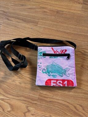 Pink Fish Print Crossbody Bag with Teal Fish and Black Strap